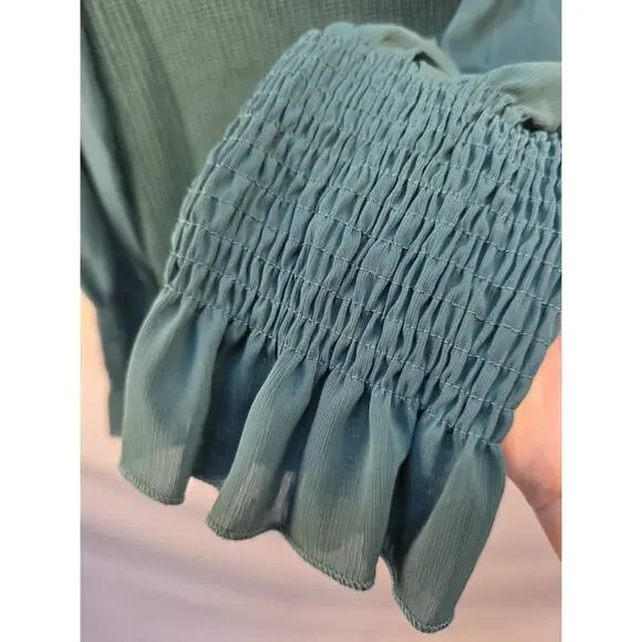 Kirundo Women's extra Large Sweater NWT Green Sheer High Collar Ruffle Preppy - Picture 4 of 16